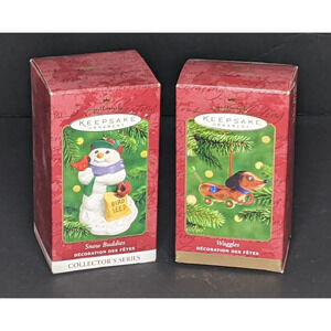 Hallmark Keepsake Ornaments Set 2 WAGGLES DOG & SNOW BUDDIES Both Excellent Cond